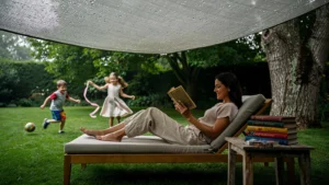 Femme lisant un livre sous un auvent protégé de la condensation pendant que ses enfants jouent dehors
