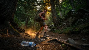 Hiker exhausted on rugged forest trail, trembling legs from underestimated trail distance, intense outdoor struggle