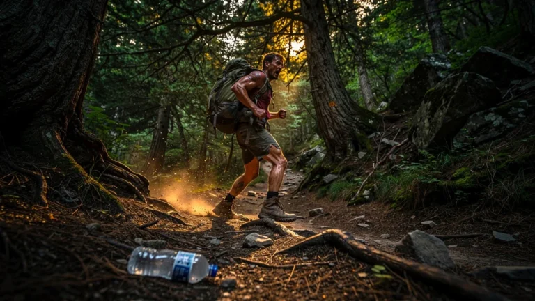 Hiker exhausted on rugged forest trail, trembling legs from underestimated trail distance, intense outdoor struggle