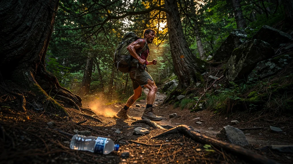 Hiker exhausted on rugged forest trail, trembling legs from underestimated trail distance, intense outdoor struggle