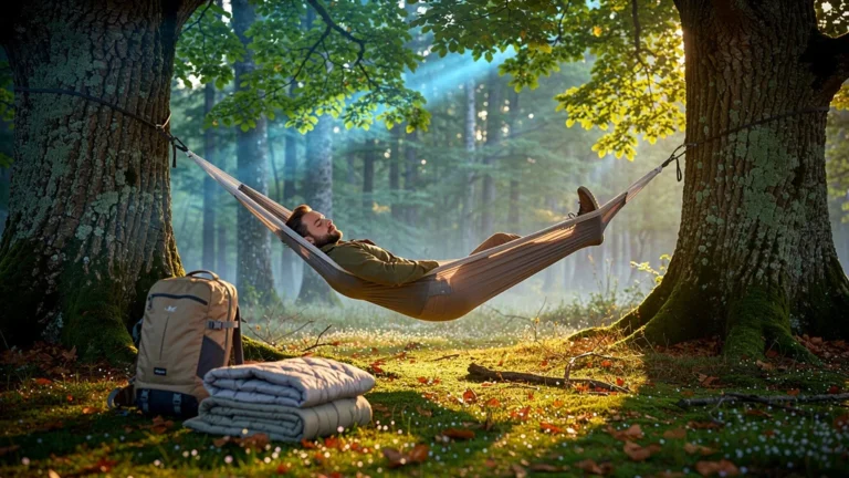 Hamac suspendu entre deux arbres dans une forêt, testé comme couchage principal pendant 4 nuits