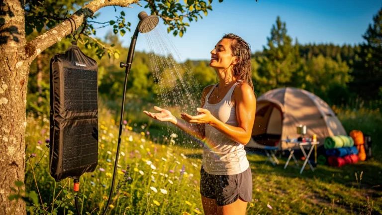 Test du kit de douche solaire en camping pendant une semaine de beau temps en plein soleil