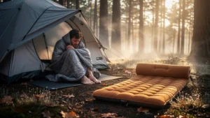 Camping avec un bon matelas pour éviter les pieds gelés sur un sol humide en forêt