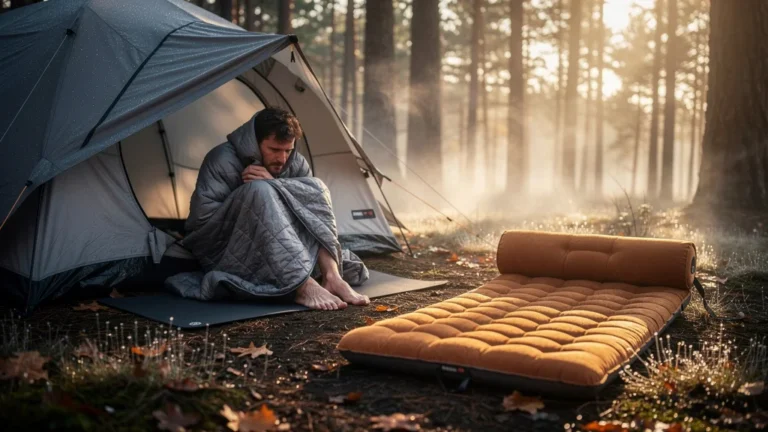 Camping avec un bon matelas pour éviter les pieds gelés sur un sol humide en forêt