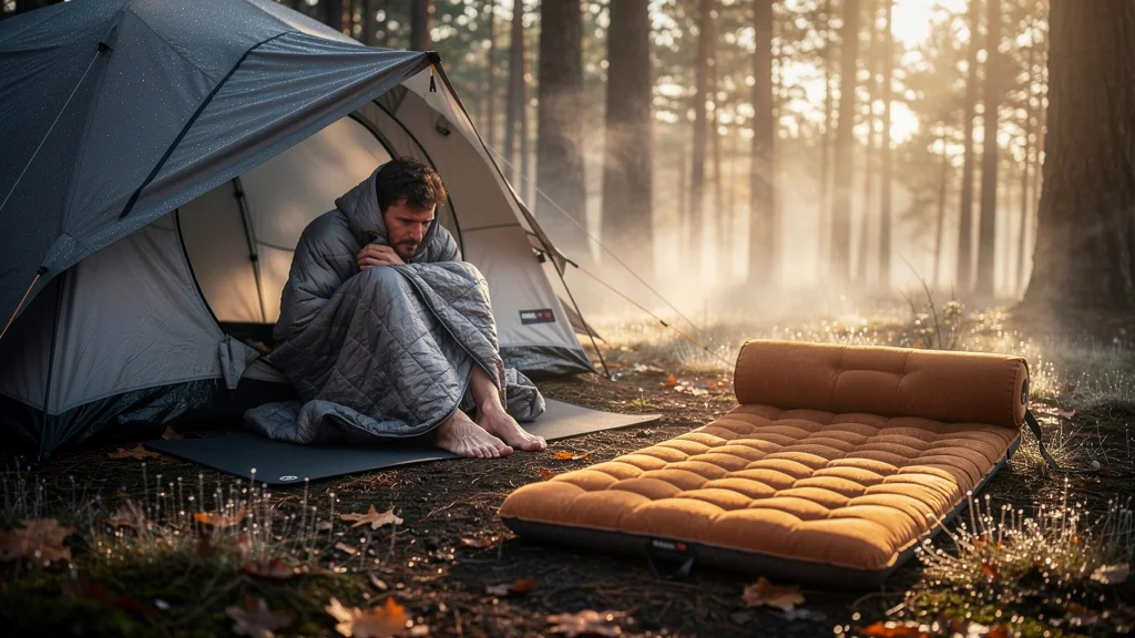 Camping avec un bon matelas pour éviter les pieds gelés sur un sol humide en forêt