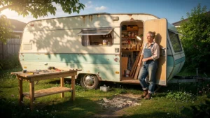 Caravane des années 90 en plein air, symbole de passion et apprentissage du bricolage authentique