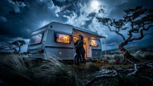 Caravane secouée par le vent violent d'Aubrac la nuit sur un terrain herbeux et orageux