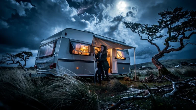Caravane secouée par le vent violent d'Aubrac la nuit sur un terrain herbeux et orageux