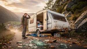 Caravane mal rangée cassée dans les côtes de la Margeride après un accident sur une route de montagne