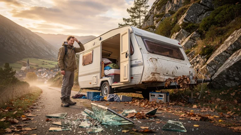 Caravane mal rangée cassée dans les côtes de la Margeride après un accident sur une route de montagne