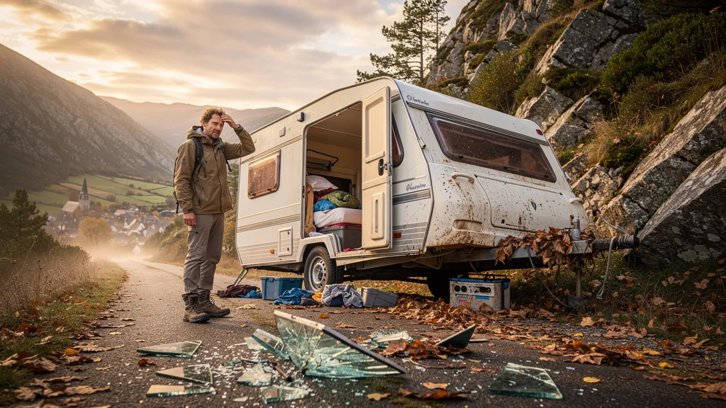 Caravane mal rangée cassée dans les côtes de la Margeride après un accident sur une route de montagne