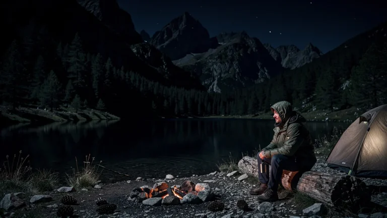 Bivouac au lac de Saint-Andéol sous un ciel nocturne sans lumière, ambiance calme et isolée