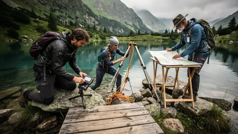 Installation chronométrée au lac de Saint-Andéol sur trois arrivées avec équipe en action et paysage naturel