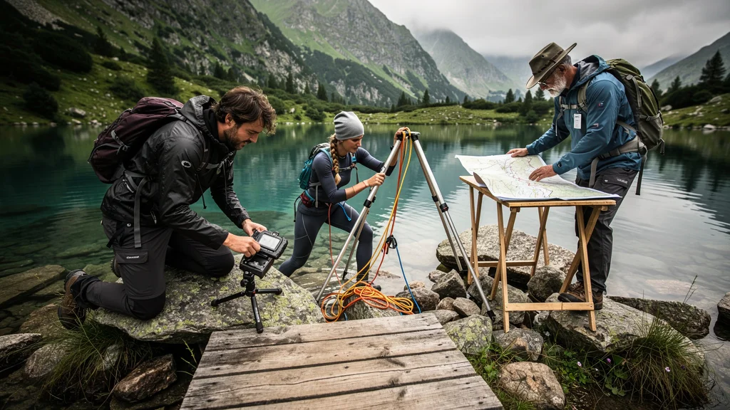 Installation chronométrée au lac de Saint-Andéol sur trois arrivées avec équipe en action et paysage naturel