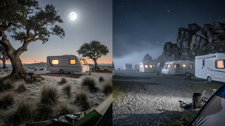 Comparaison de deux aires de l'Aubrac en caravane sur deux week-ends avec ambiance nocturne contrastée