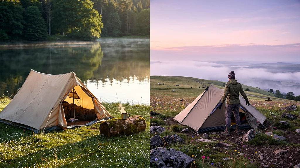 Comparaison réaliste du réveil en tente au bord du lac et sur le plateau d'Aubrac au lever du jour