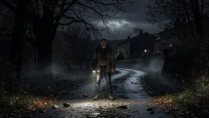 Homme perdu dans le noir à Saint-Andéol, cherchant une heure sous un ciel nocturne obscur