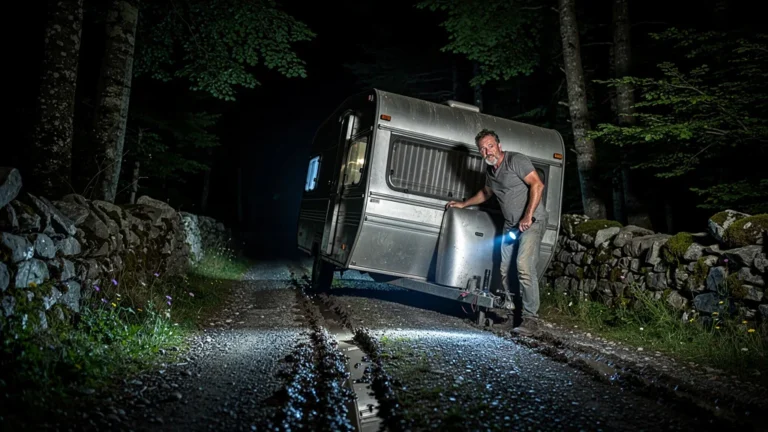 Scène nocturne réaliste d’un mari coincant une caravane de travers à Nasbinals dans le noir