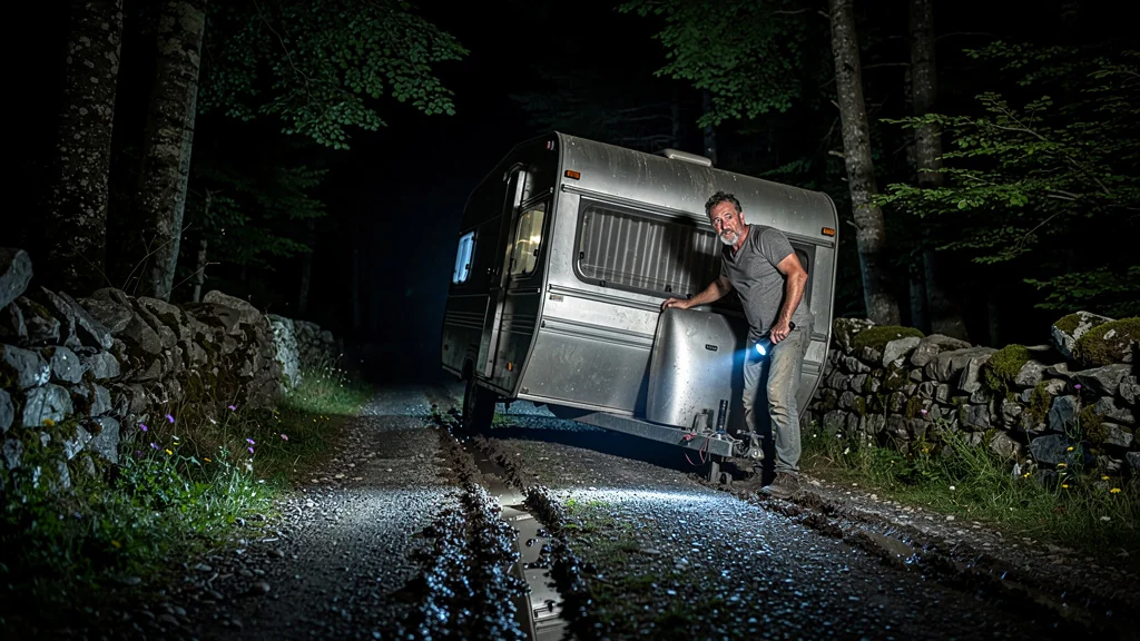 Scène nocturne réaliste d’un mari coincant une caravane de travers à Nasbinals dans le noir