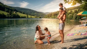 Famille heureuse nageant au lac de Naussac, lieu préféré à la Truyère pour baignade familiale