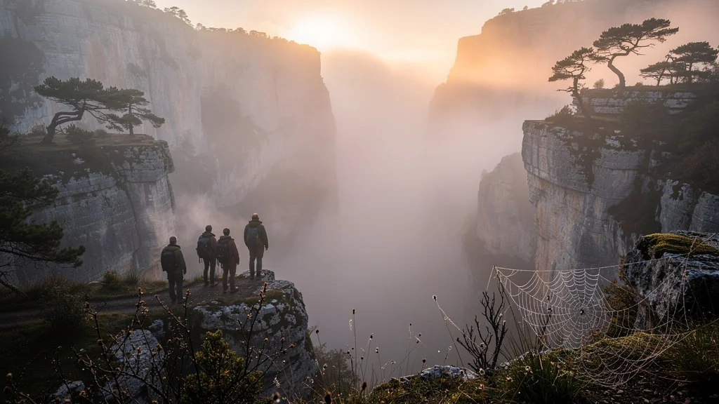 Brume matinale protégeant les randonneurs dans les Gorges de la Jonte au lever du jour