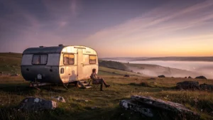 Soir calme sur le plateau de l’Aubrac autour d’une caravane isolée dans un silence total
