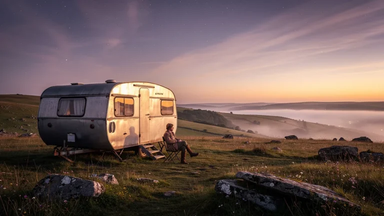 Soir calme sur le plateau de l’Aubrac autour d’une caravane isolée dans un silence total
