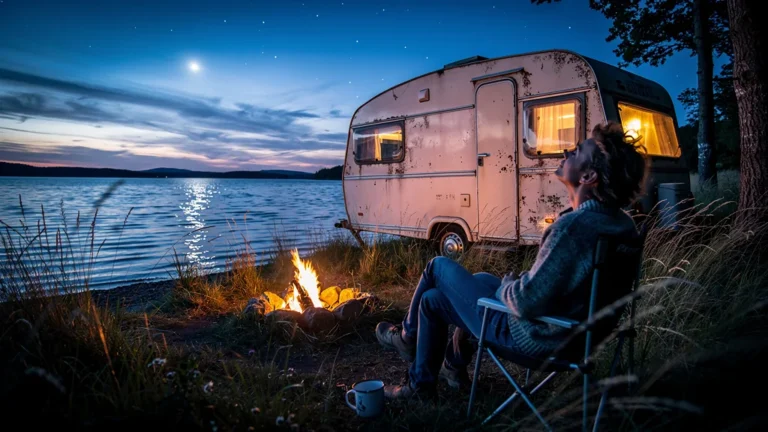 Première nuit en caravane au bord du lac de Naussac avec le vent du soir au coucher du soleil