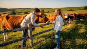 Ados émerveillés par les vaches d'Aubrac au matin, délaissant leurs écrans pour la nature