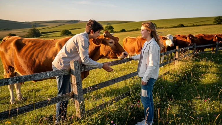 Ados émerveillés par les vaches d'Aubrac au matin, délaissant leurs écrans pour la nature
