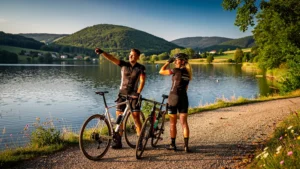 Cyclistes testant deux itinéraires à vélo autour du lac de Naussac en une journée ensoleillée