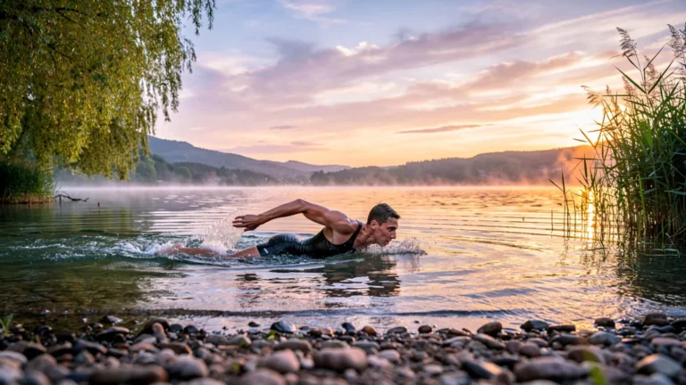 Photographie hyperréaliste de la baignade matinale et vespérale au lac de Naussac sur trois jours
