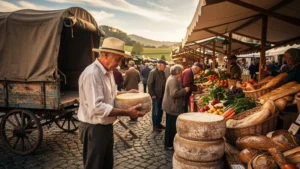 Marché authentique à Laguiole avec fromage artisanal prêt à être chargé dans une caravane rustique
