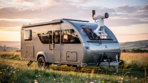 Caravane en nature avec antenne intérieure et extérieure, essai itinérance connectivité camping