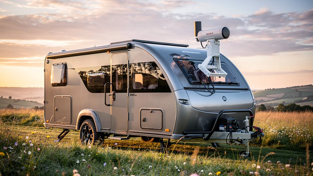 Caravane en nature avec antenne intérieure et extérieure, essai itinérance connectivité camping
