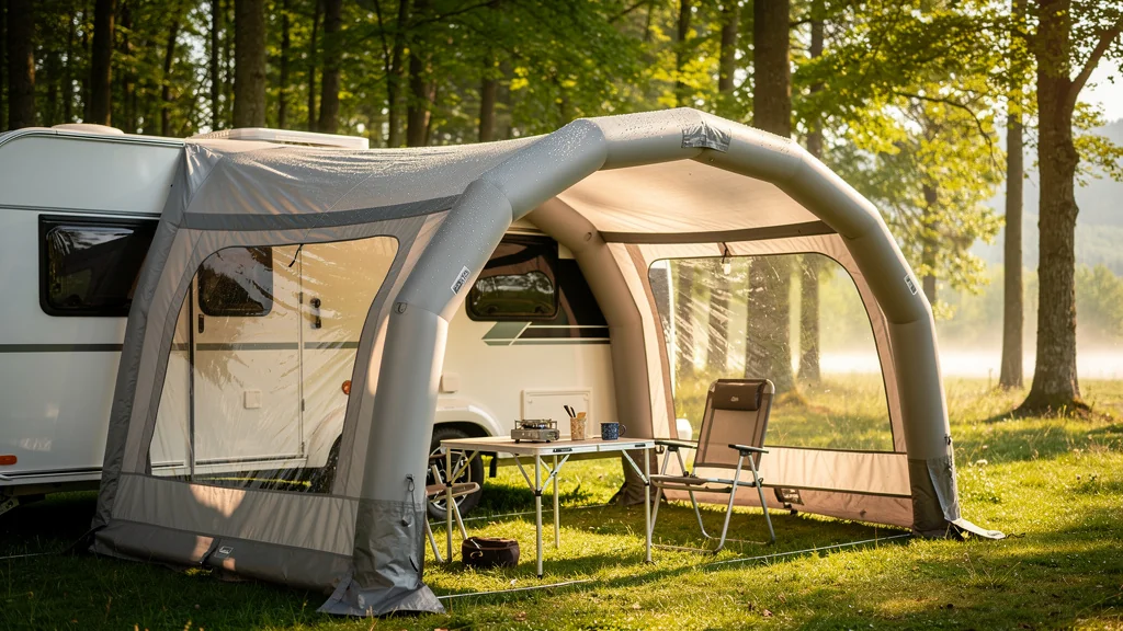 Auvent gonflable pour caravane installé en forêt, efficace après 30 jours d’usage, scène outdoor lumineuse