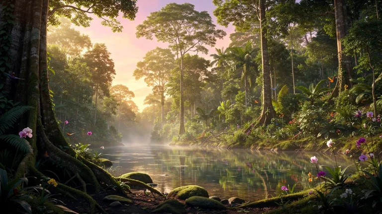Paysage naturel hyper-réaliste de la forêt tropicale de Bornéo au lever du soleil pour voyages outdoor
