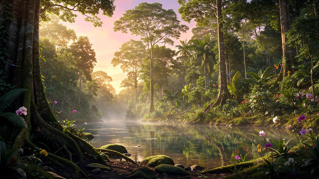 Paysage naturel hyper-réaliste de la forêt tropicale de Bornéo au lever du soleil pour voyages outdoor
