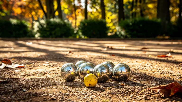 Boules de pétanque compétition sur terrain en extérieur, ambiance naturelle et lumière dorée