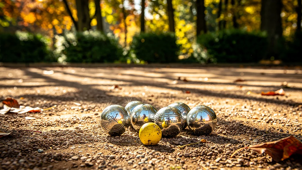 Boules de pétanque compétition sur terrain en extérieur, ambiance naturelle et lumière dorée