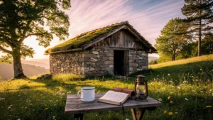 Buron du Ché en Auvergne au coucher du soleil, refuge rustique en pleine nature verdoyante