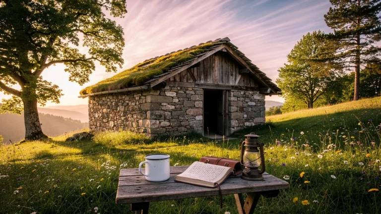 Buron du Ché en Auvergne au coucher du soleil, refuge rustique en pleine nature verdoyante