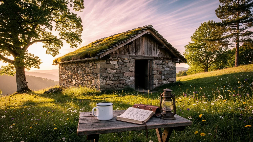 Buron du Ché en Auvergne au coucher du soleil, refuge rustique en pleine nature verdoyante