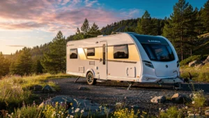 Caravane Adria moderne en plein air au coucher du soleil, test d'autonomie et performances mesurées