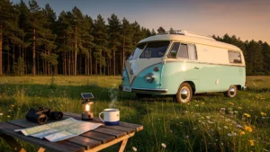 Caravane Cabanon Biscaya vintage en pleine nature au coucher de soleil, autonomie et performance outdoor