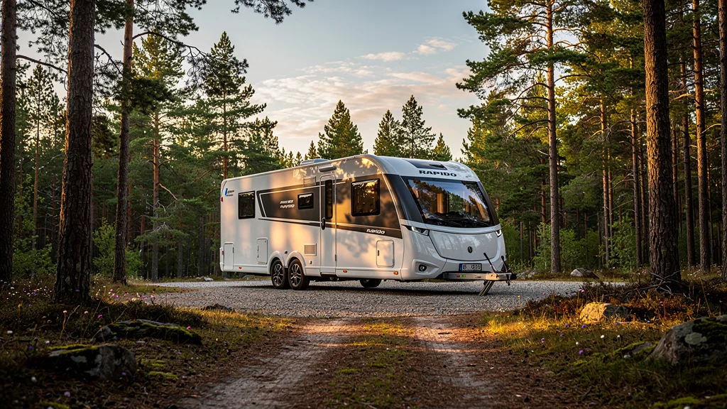 Photo réaliste d’une caravane Rapido moderne en forêt, parfaite avant achat, ambiance calme et naturelle