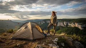Campement exposé au vent en Ardèche avec une femme en tenue outdoor observant le paysage sauvage