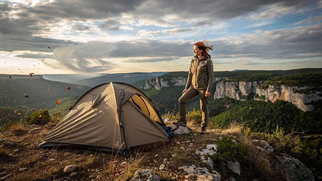 Campement exposé au vent en Ardèche avec une femme en tenue outdoor observant le paysage sauvage
