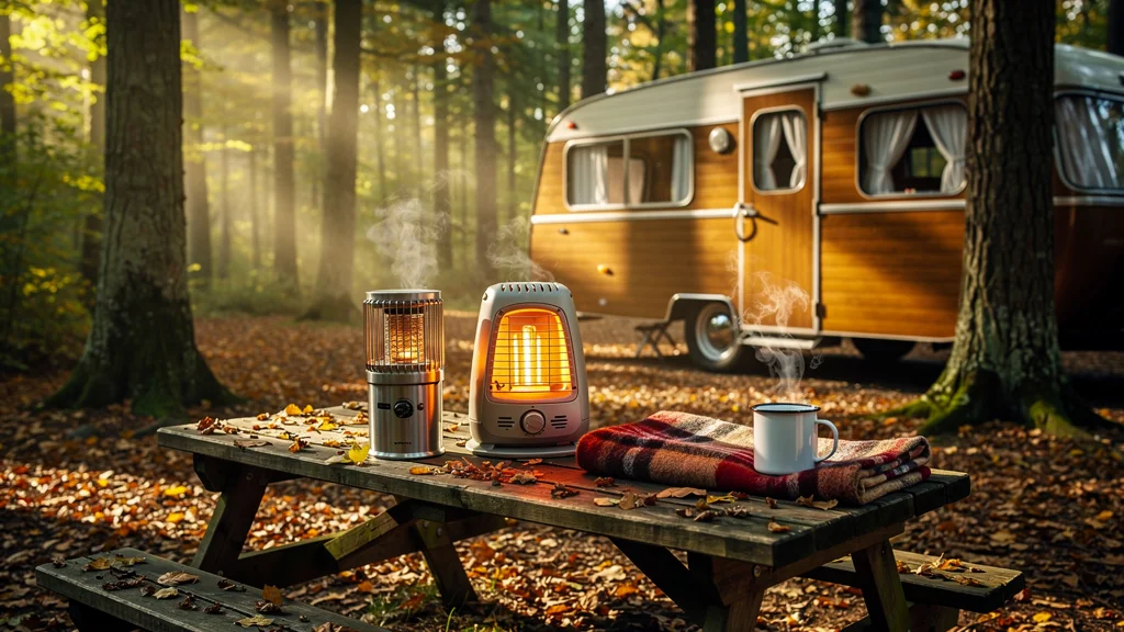 Chauffage d'appoint en caravane rétro testé lors d'un week-end camping en forêt automnale