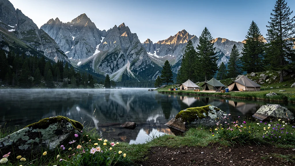 Paysage hyper-réaliste du Domaine Ourea avec lac, montagnes et campement naturel en pleine nature